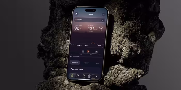 On a smartphone, the Stelo app displays a glucose trend graph