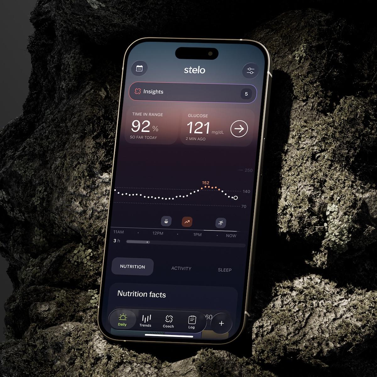 On a smartphone, the Stelo app displays a glucose trend graph
